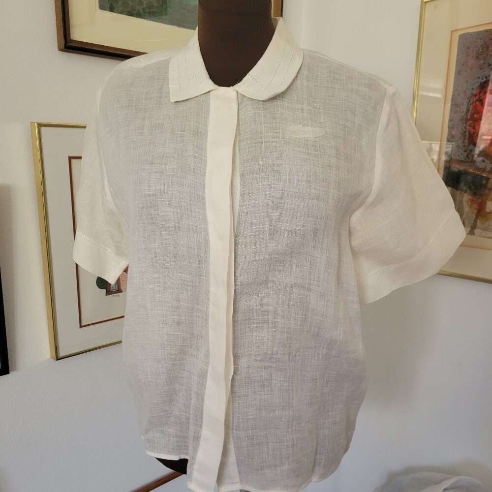 Vintage Ann Taylor Cream 100% Linen Short Sleeve Shirt